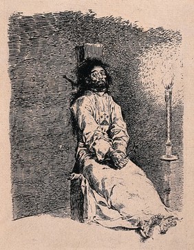 A garrotted man in a dungeon next to a burning candle. Etching by F. de Goya y Lucientes.