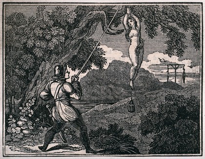 A naked young woman hung by her wrists on the branch of tree with weights around her ankles. Wood engraving.