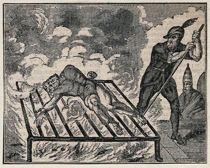 A naked man is tortured and roasted alive on a gridiron above a blazing fire. Wood engraving.