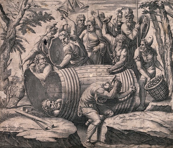 Marcus Atilius Regulus placed in a barrel lined with iron spikes with soldiers fitting more nails on the barrel and closing the lid. Line engraving after Giulio Romano, 1560.