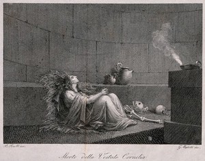 view Cornelia, the Vestal Virgin, entombed alive surrounded by bones in the dungeon. Line engraving by G. Mochetti after B. Pinelli.