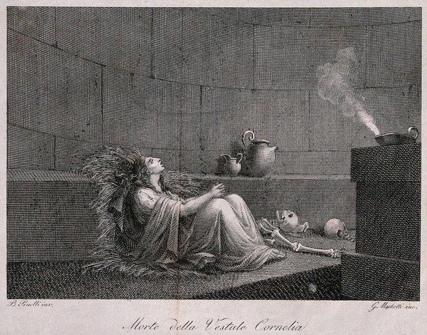Cornelia, the Vestal Virgin, entombed alive surrounded by bones in the dungeon. Line engraving by G. Mochetti after B. Pinelli.