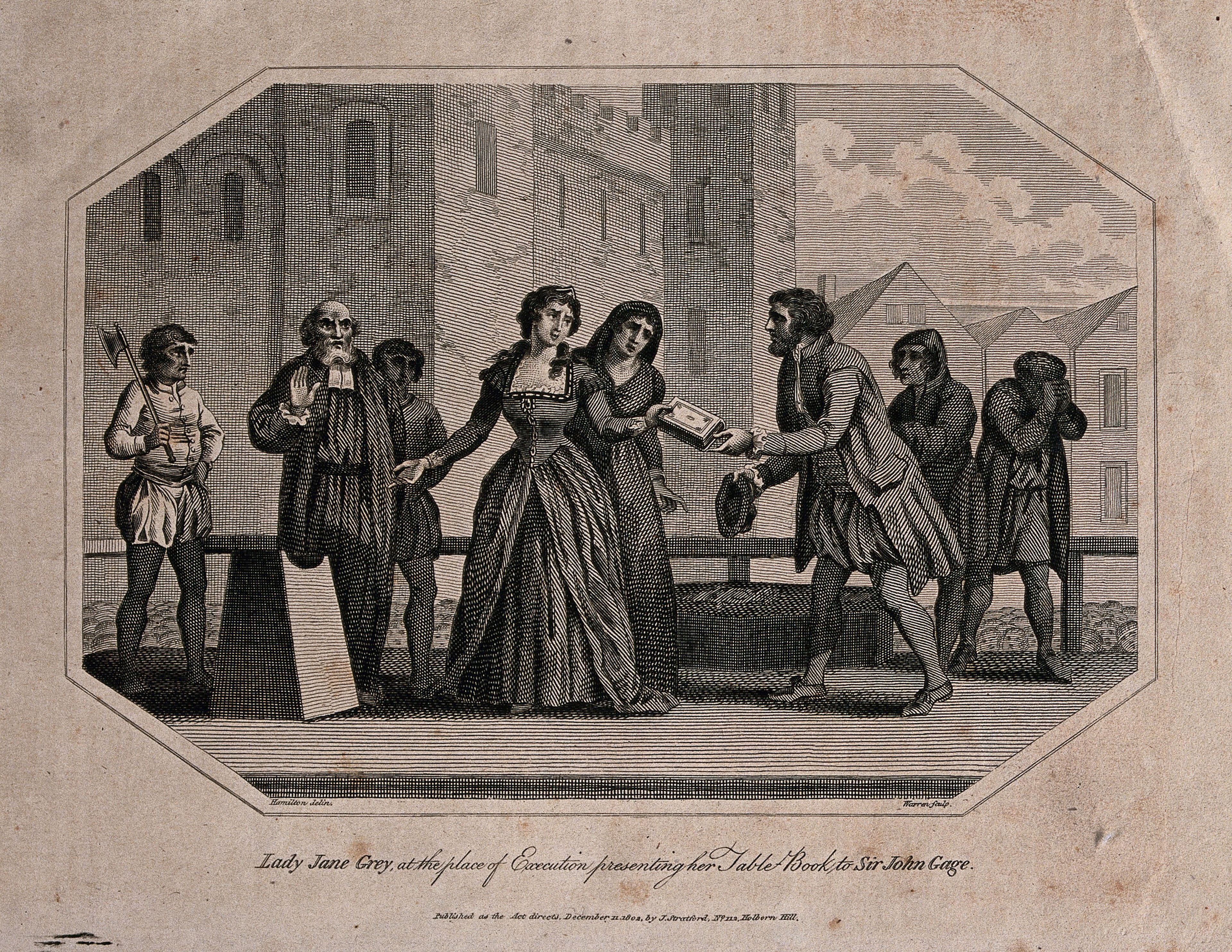 Lady Jane Grey is led to her execution, handing over her table-book to Sir John Gage. Line engraving with etching by Warren after W. Hamilton, 1802.