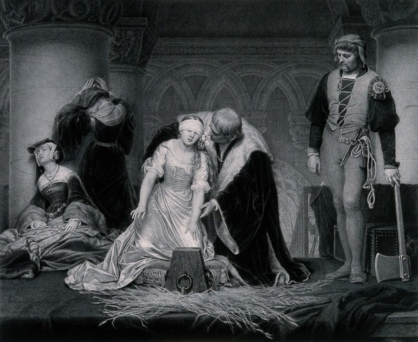 Lady Jane Grey is blindfolded and led to the execution block where the executioner waits, axe in hand. Line engraving by P. Mercury after H. Delaroche.
