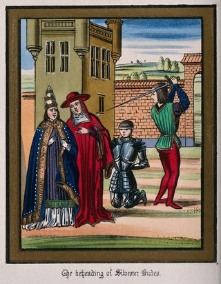 The beheading of Silvestre Budes. Coloured lithograph, 1845.