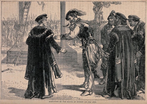 The mayor of Bodmin is escorted to the gallows to be hanged. Wood engraving.