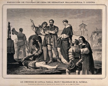 The beheading of Juan de Padilla and his associates in the market place of Villalar in 1521. Wood engraving by T.C. Capúz after A. Gisbert Pérez.