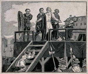 view A gentleman is about to be beheaded. Wood engraving by M. U. Sears.