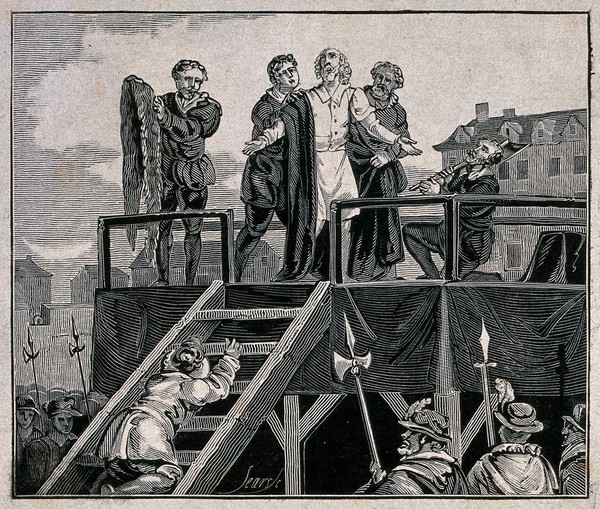 A gentleman is about to be beheaded. Wood engraving by M. U. Sears.