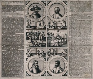 view The portraits of Hendrick Daniels Slatius, Willem Perty and Jan and Abraham Blancaert surrounded by scenes of their violent deaths and their burials. Engraving with etching, 1623.