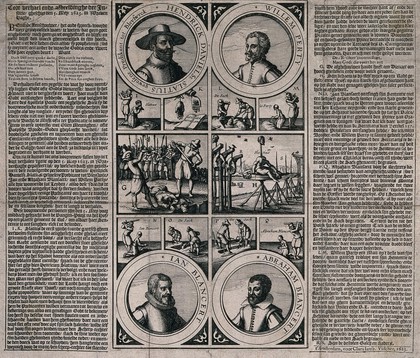 The portraits of Hendrick Daniels Slatius, Willem Perty and Jan and Abraham Blancaert surrounded by scenes of their violent deaths and their burials. Engraving with etching, 1623.