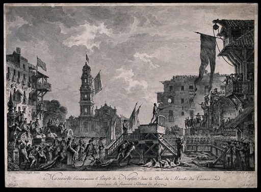 The execution of rebels during the Rebellion in Naples and Sicily in 1647. Etching by J. Duplessi-Bertaux, with engraving by Aliamet.