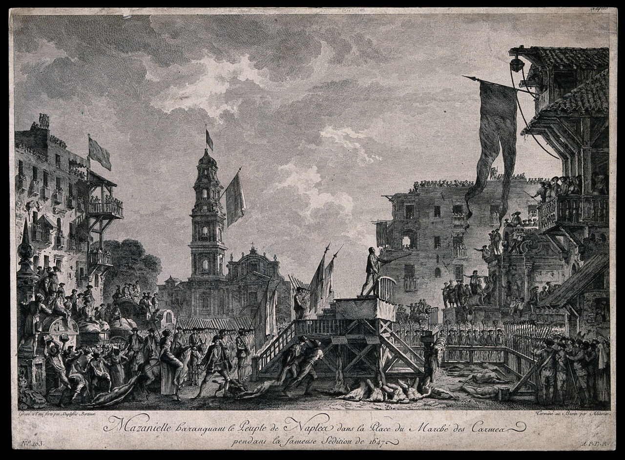 The execution of rebels during the Rebellion in Naples and Sicily in 1647. Etching by J. Duplessi-Bertaux, with engraving by J. Aliamet, 1781., 1781, by Jacques Aliamet
