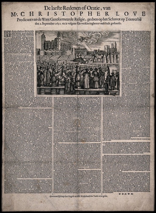 The beheading of Christopher Love on Tower Hill in 1651. Engraving with etching.