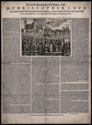 view The beheading of Christopher Love on Tower Hill, London, in 1651. Engraving with etching and letterpress.