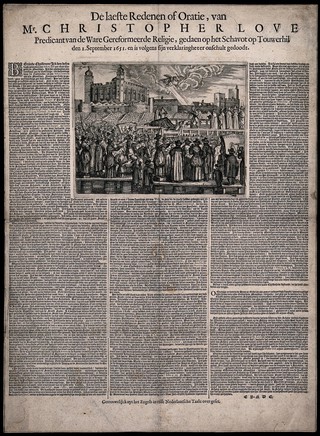 The beheading of Christopher Love on Tower Hill, London, in 1651. Engraving with etching and letterpress.