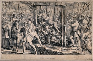 view The burning of Sir John Cobham, Lord Oldcastle, a Lollard and follower of John Wycliffe, in London in 1417. Wood engraving.