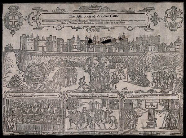 Above, the burning at the stake of Person, Testwood and Filmer outside Windsor Castle; below, the trial of Marbeck, Testwood, Person and Filmer, the punishment of London, Simons and Robert Ockham in the pillory. Woodcut by A.S.