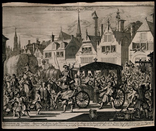 The assassination of Henry IV, King of France, 1610: a tumultuous scene on the streets of Paris, in which the King's coach is stuck in traffic and the assassin fatally wounds the King in his coach. Etching by J. and C. Luyken.