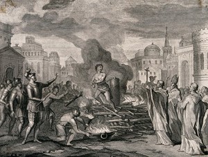 view A man tied to a burning stake is pulling at his chains while clerics hold their crucifixes towards him and soldiers in full armour stand around the fire. Engraving by P.S. van Gunst after O. Elliger.