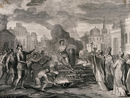 A man tied to a burning stake is pulling at his chains while clerics hold their crucifixes towards him and soldiers in full armour stand around the fire. Engraving by P.S. van Gunst after O. Elliger.