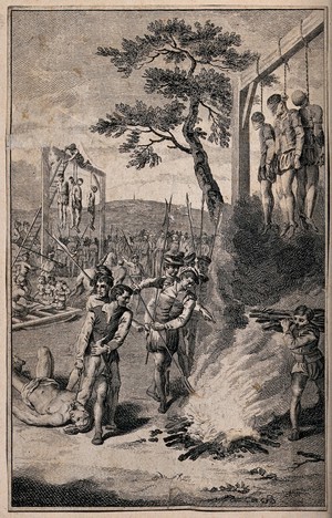 view A mass-execution where men are hung above a burning bonfire. Etching.