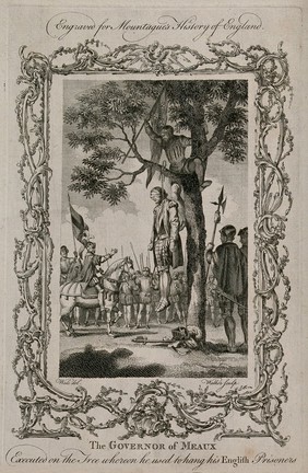 The governor of Meaux hanged on a tree in full armour. Engraving with etching by Walker after S. Wale.