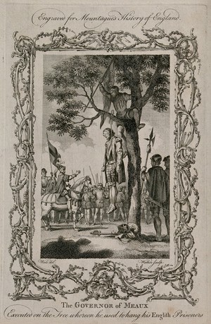 view The governor of Meaux hanged on a tree in full armour. Engraving with etching by Walker after S. Wale.