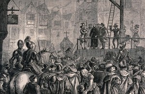 view The execution of Father Garnet by hanging. Wood engraving.