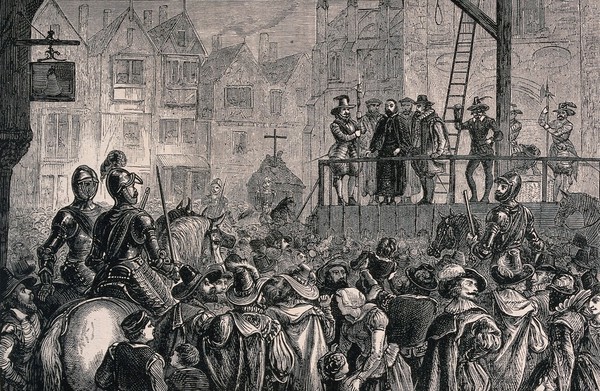 The execution of Father Garnet by hanging. Wood engraving.