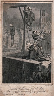 Madame Tiquet about to be beheaded for murder, 1699. Line engraving with etching by H.R. Cook, 1819, after G. Cruikshank.