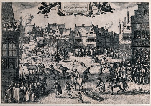 The execution of the eight surviving conspirators of the Gunpowder Plot in 1606 in London. Etching with engraving by C.J. Visscher.