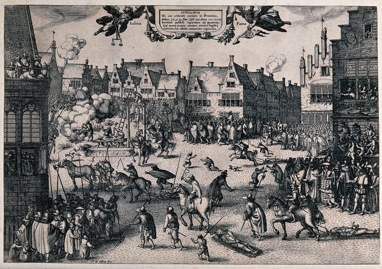 The execution of the eight surviving conspirators of the Gunpowder Plot in 1606 in London. Etching with engraving by C.J. Visscher., by Claes Janszoon Visscher II