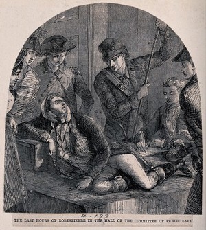 view Robespierre lying on a wooden bench being interrogated by the Committee of Public Safety. Wood engraving.