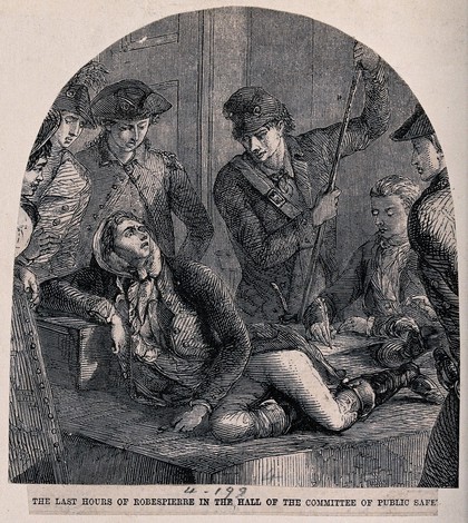 Robespierre lying on a wooden bench being interrogated by the Committee of Public Safety. Wood engraving.