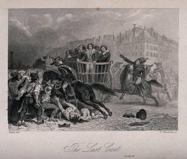 Prisoners are driven on a cart to the guillotine. Etching by J. Somerville after D.A.M. Raffet.