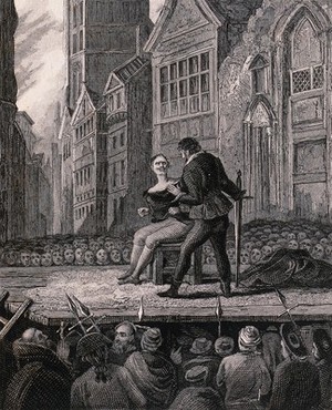 view A man about to be beheaded on a scaffold surrounded by a crowd of spectators. Line engraving with etching.