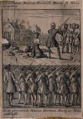 The beheading of Masout, Hermest, Murtij and Meus. Engraving with etching.