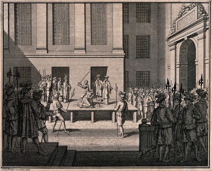 A woman is beheaded on a wooden stage in a courtyard with a crowd of soldiers carrying halberds looking on. Engraving by J.C. Philips, 1726.