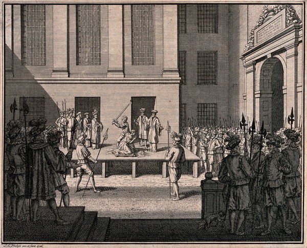 A woman is beheaded on a wooden stage in a courtyard with a crowd of soldiers carrying halberds looking on. Engraving by J.C. Philips, 1726.