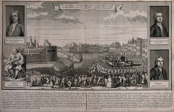 The beheading of Lords Balmerino and Kilmarnock at Tower Hill, London, in 1746, attended by a large crowd; with portraits of four of the rebel lords. Etching with engraving.