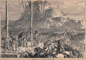 view James Graham Marquess of Montrose about to mount the ladder to the gibbet in the marketplace of Edinburgh. Wood engraving by C. Roberts.