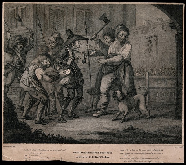 Cade's rebellion, 1450: Dick the butcher and Smith the weaver seize Emmanuel ("the clerk of Chatham") and threaten to hang him with his pen and inkhorn. Stipple engraving by J. Coles after H.W. Bunbury, 1795.