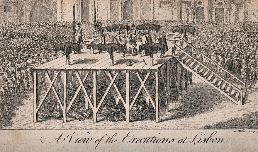 A large crowd surrounds a platform on which victims are tortured by means of racks and crosses. Engraving with etching by A. Walker.