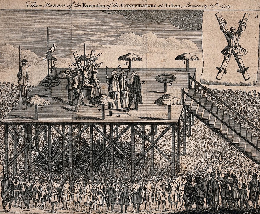 The execution of conspirators by means of breaking them on the wheel and crucification in Lisbon in 1759. Etching with engraving. Wellcome Collection