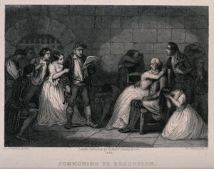 view A gaoler, wearing a Phrygian cap, reading out summons for executions to distressed prisoners of the French Revolution. Line engraving by W. Greatbach after A. Johannot, 1881.