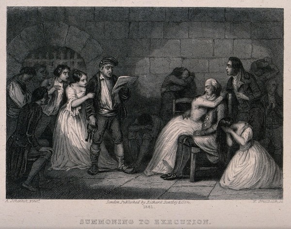 A gaoler, wearing a Phrygian cap, reading out summons for executions to distressed prisoners of the French Revolution. Line engraving by W. Greatbach after A. Johannot, 1881.