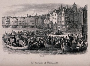 view The river Thames is crowded with boats as spectators try to view an execution on a bridge in Billingsgate, London. Etching by A. Ashley.