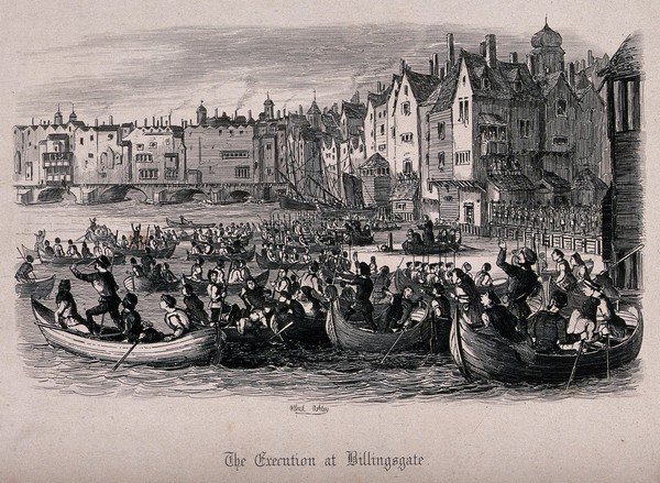 The river Thames is crowded with boats as spectators try to view an execution on a bridge in Billingsgate, London. Etching by A. Ashley.