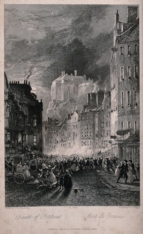 The death of Captain John Porteous in the Porteous Riots in Edinburgh in 1736. Etching by J. Tingle after T.M. Richardson, 1836.